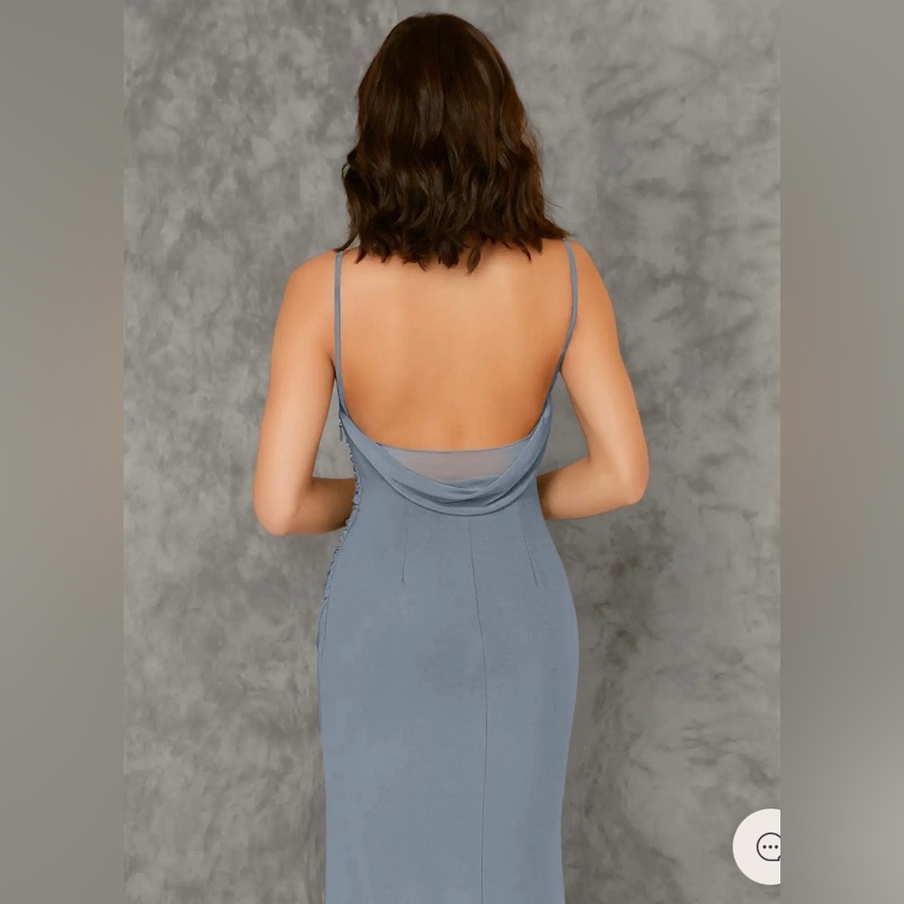 Azazie Sophisticated Gray Draped Midi Dress - Picture 4 of 16